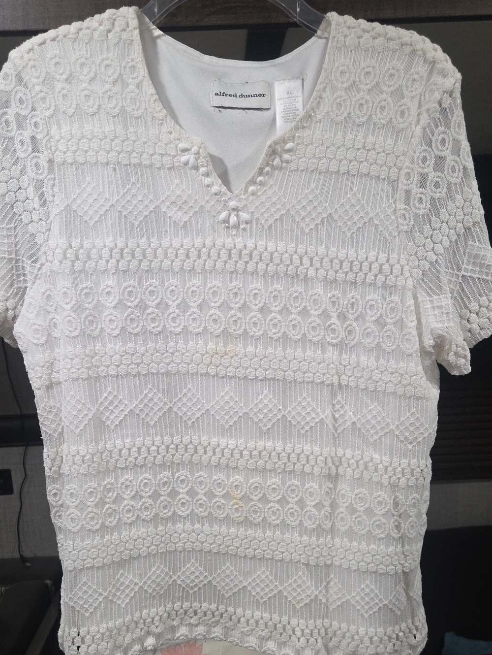 Alfred Dunner White Crochet Lace Short Sleeve Blouse